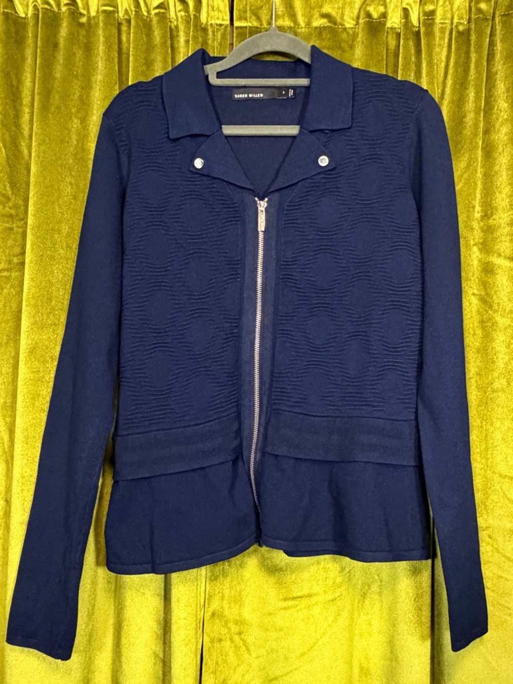 Karen Millen Dark Blue zip Moto style knit layered sweater. Size 4 Retail $200